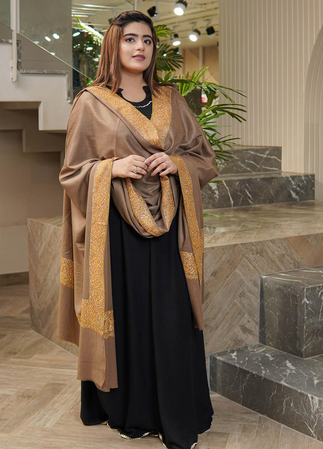 Sanaulla Exclusive Range  Pashmina  Shawls Top Dour DD KPS-17 Brown-03   - Pashmina Shawls
