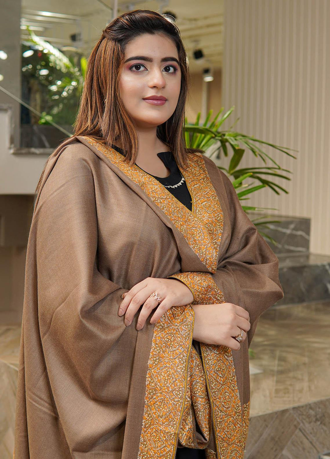 Sanaulla Exclusive Range  Pashmina  Shawls Top Dour DD KPS-17 Brown-03   - Pashmina Shawls