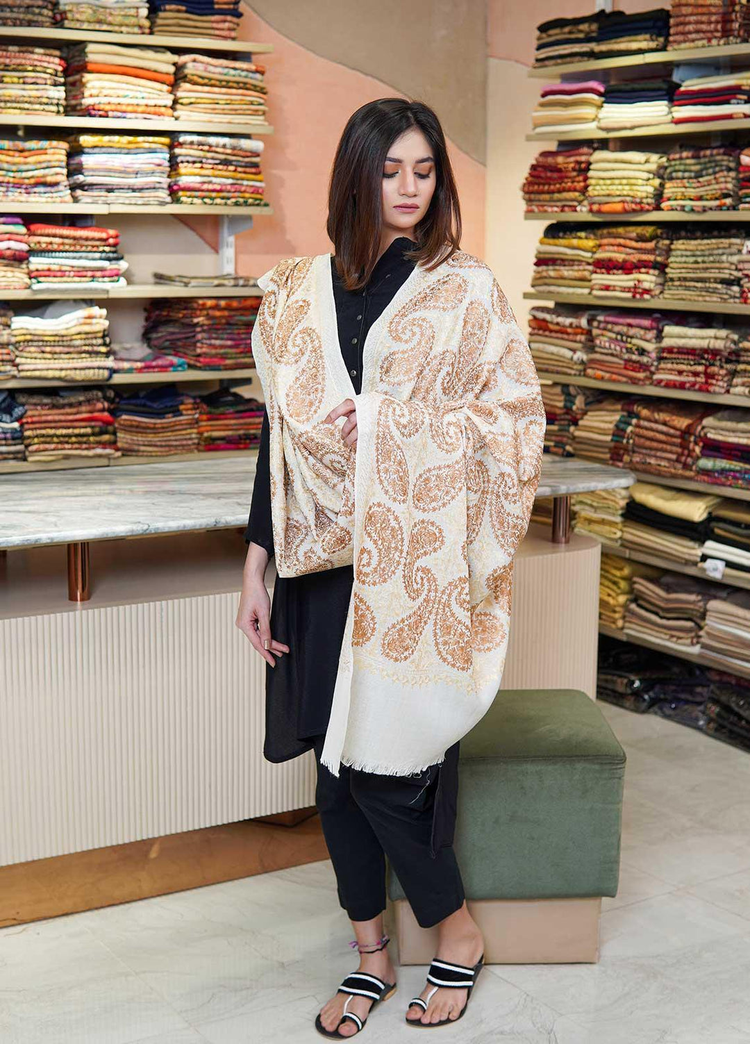 Sanaulla Exclusive Range  Pashmina  Shawls MAMA-38 Off White-2 - Pashmina Shawls