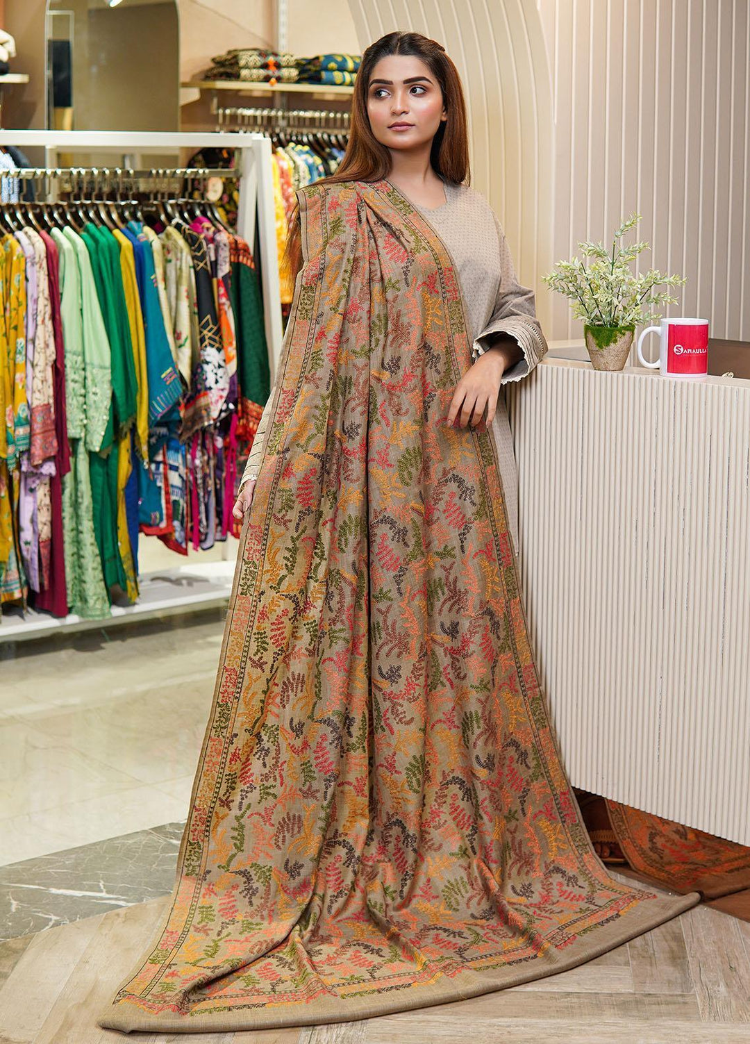 Sanaulla Exclusive Range  Pashmina  Shawls MH Multi Buti Jaal Hw KPS-25 Brown - Pashmina Shawls