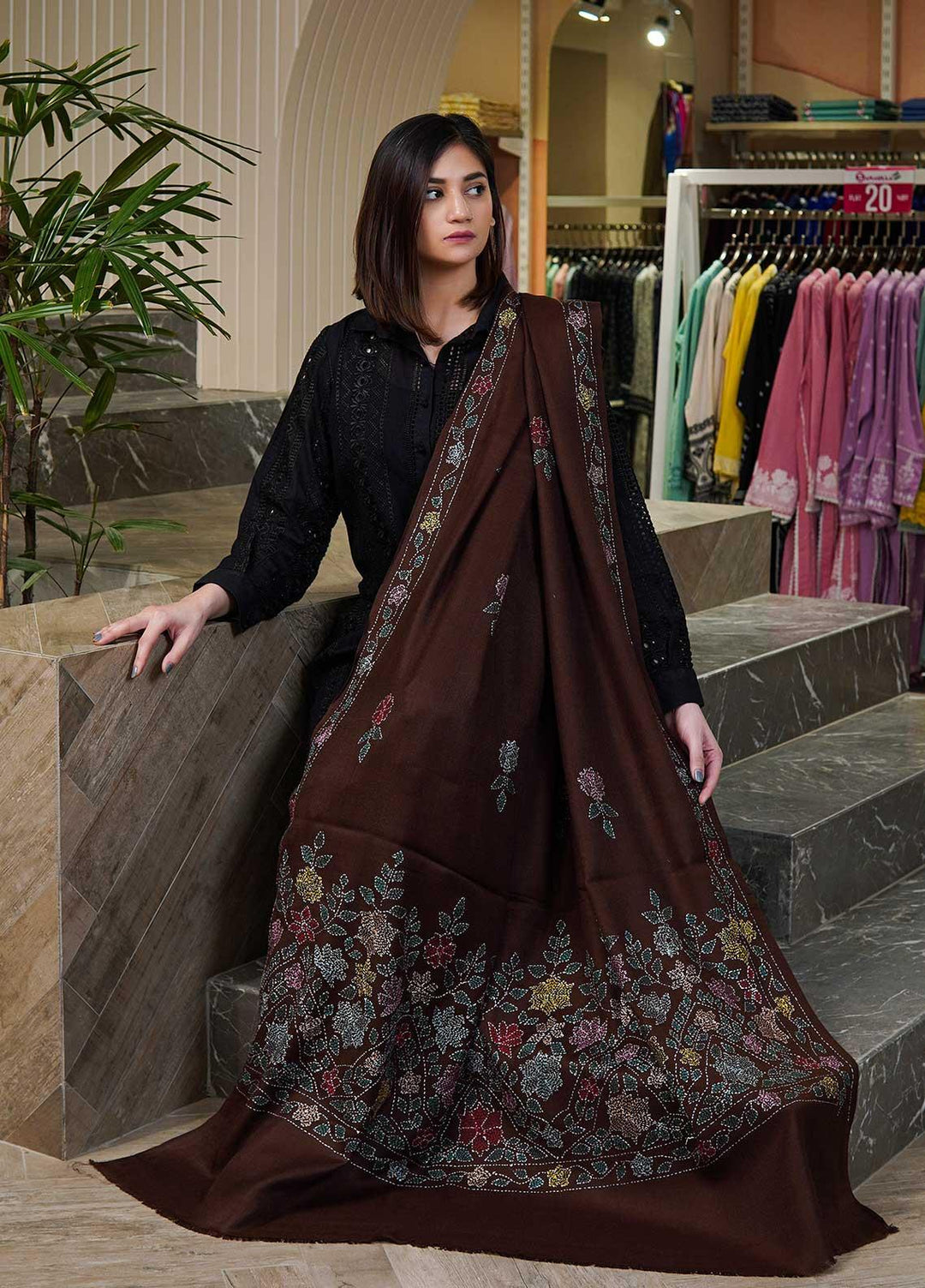 Sanaulla Exclusive Range  Pashmina  Shawls Shadow Emb Paala KPS-08 Red - Pashmina Shawls