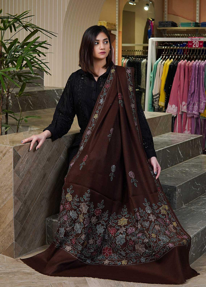 Sanaulla Exclusive Range  Pashmina  Shawls Shadow Emb Paala KPS-08 Red - Pashmina Shawls