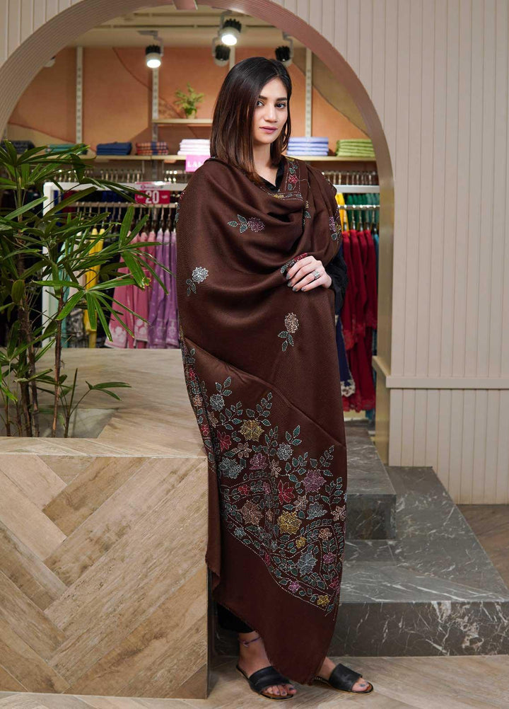 Sanaulla Exclusive Range  Pashmina  Shawls Shadow Emb Paala KPS-08 Red - Pashmina Shawls