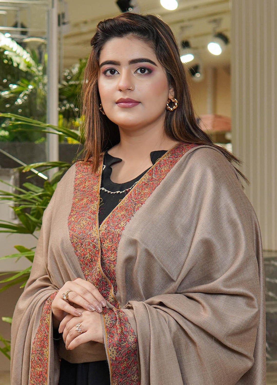 Sanaulla Exclusive Range  Pashmina  Shawls Top Dour DD KPS-17 Brown-02   - Pashmina Shawls