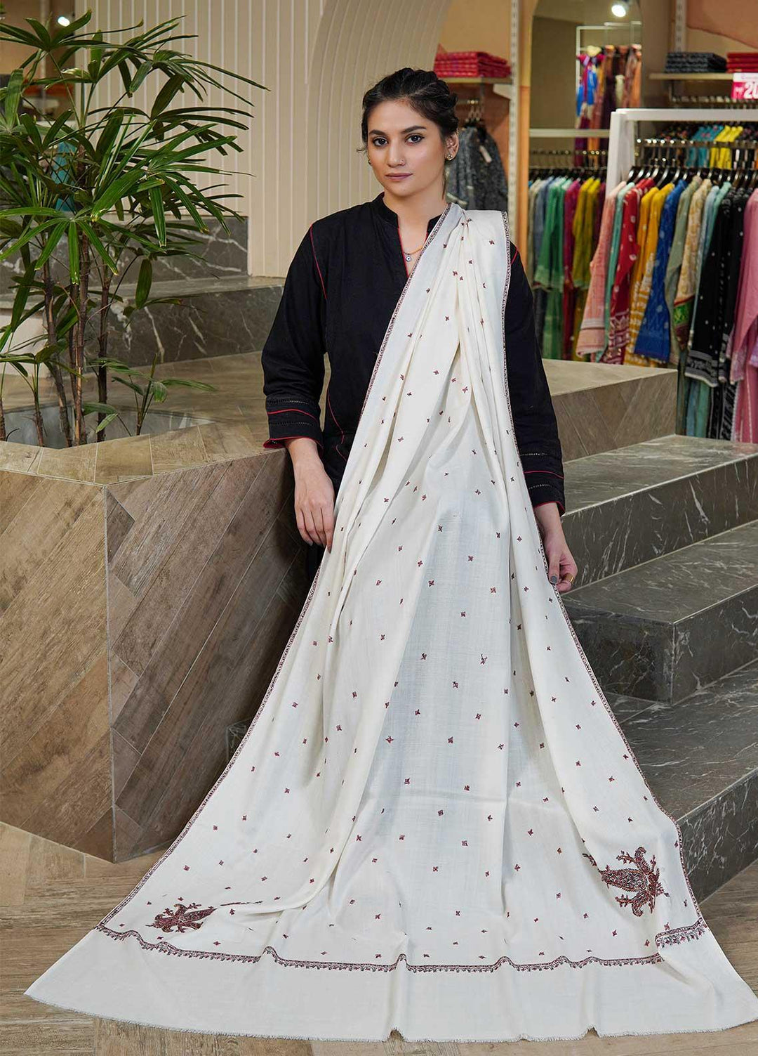 Sanaulla Exclusive Range  Pashmina  Shawls Star Buti KPS-05 White01 - Pashmina Shawls