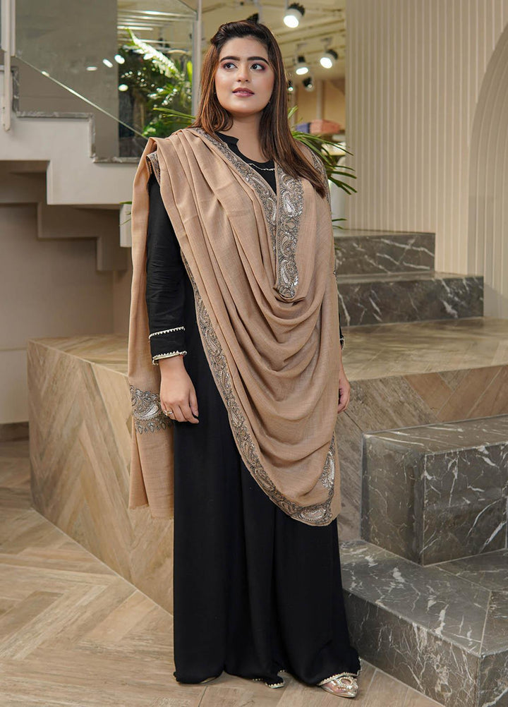 Sanaulla Exclusive Range  Pashmina  Shawls Zarri Pasily Chanar Boder Jw KPS-57 Brown-01 - Pashmina Shawls