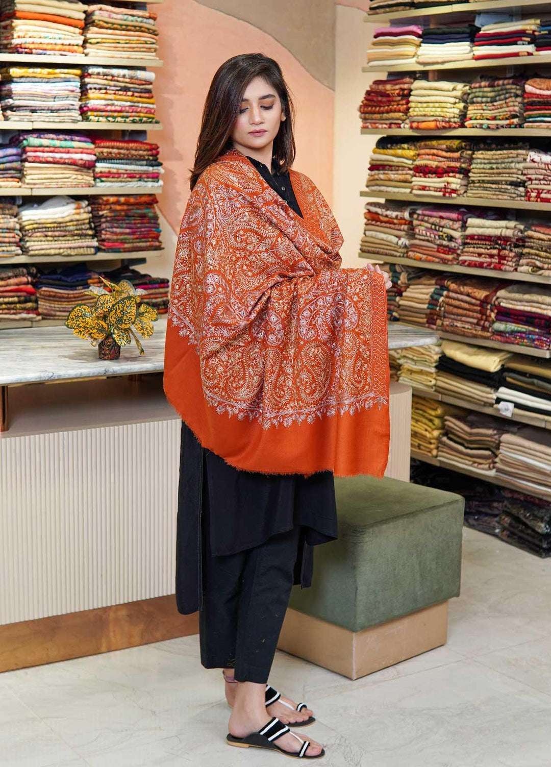Sanaulla Exclusive Range  Pashmina  Shawls MAMA-38 Rust-1 - Pashmina Shawls