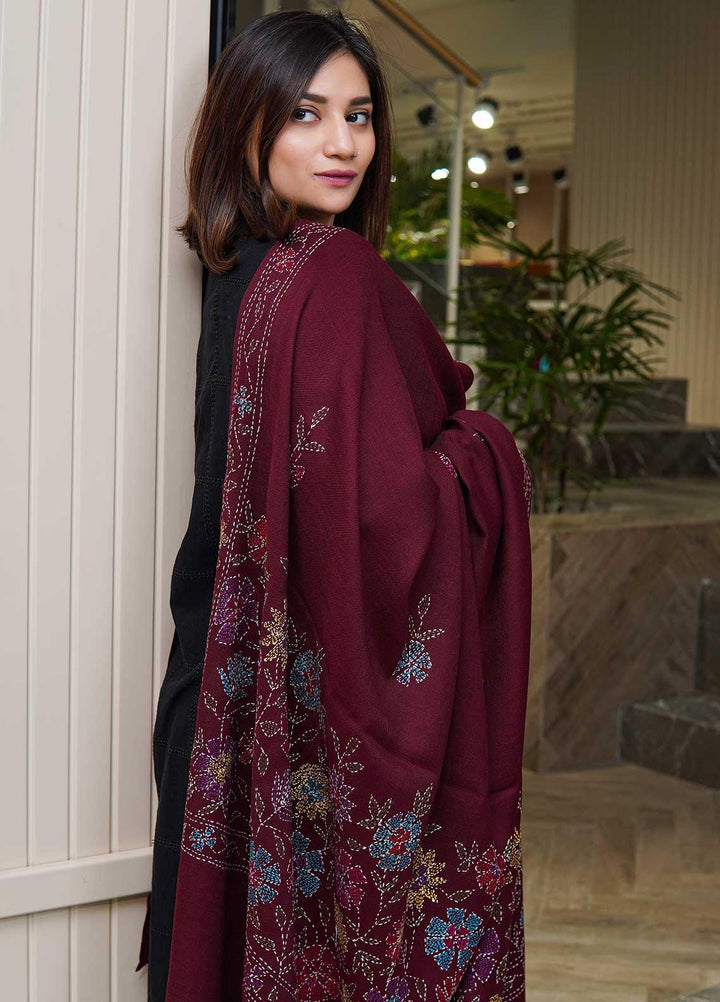 Sanaulla Exclusive Range  Pashmina  Shawls Shadow Emb Paala KPS-08 Mahroon - Pashmina Shawls
