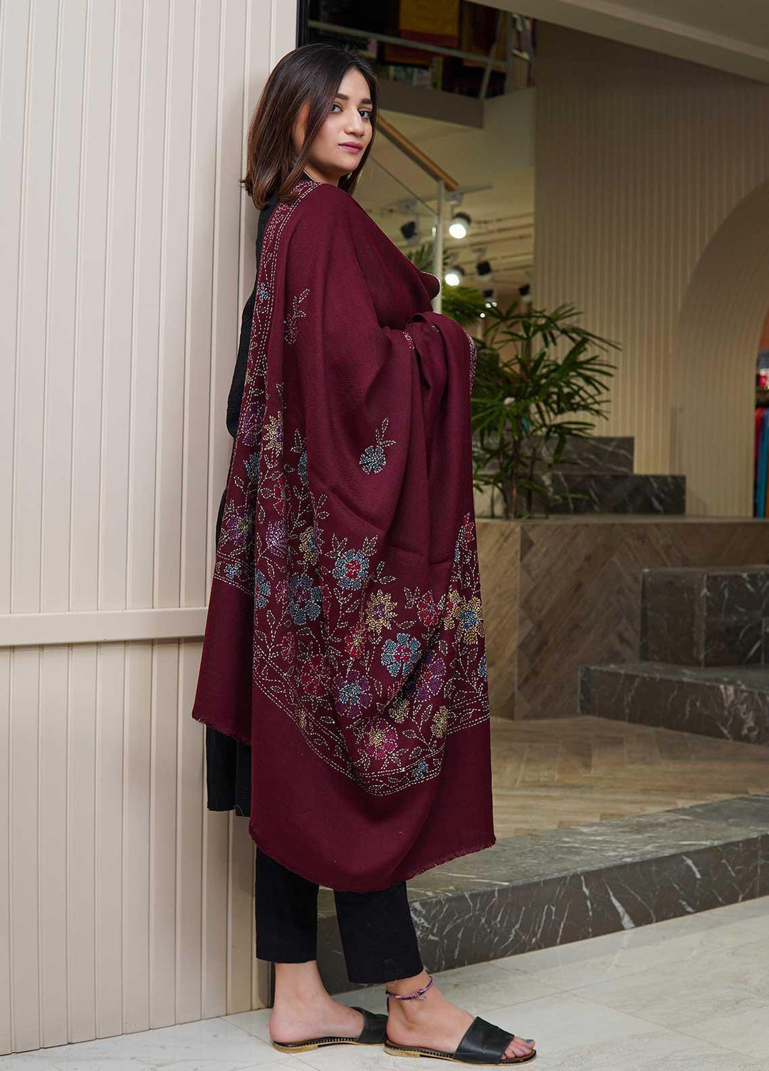 Sanaulla Exclusive Range  Pashmina  Shawls Shadow Emb Paala KPS-08 Mahroon - Pashmina Shawls