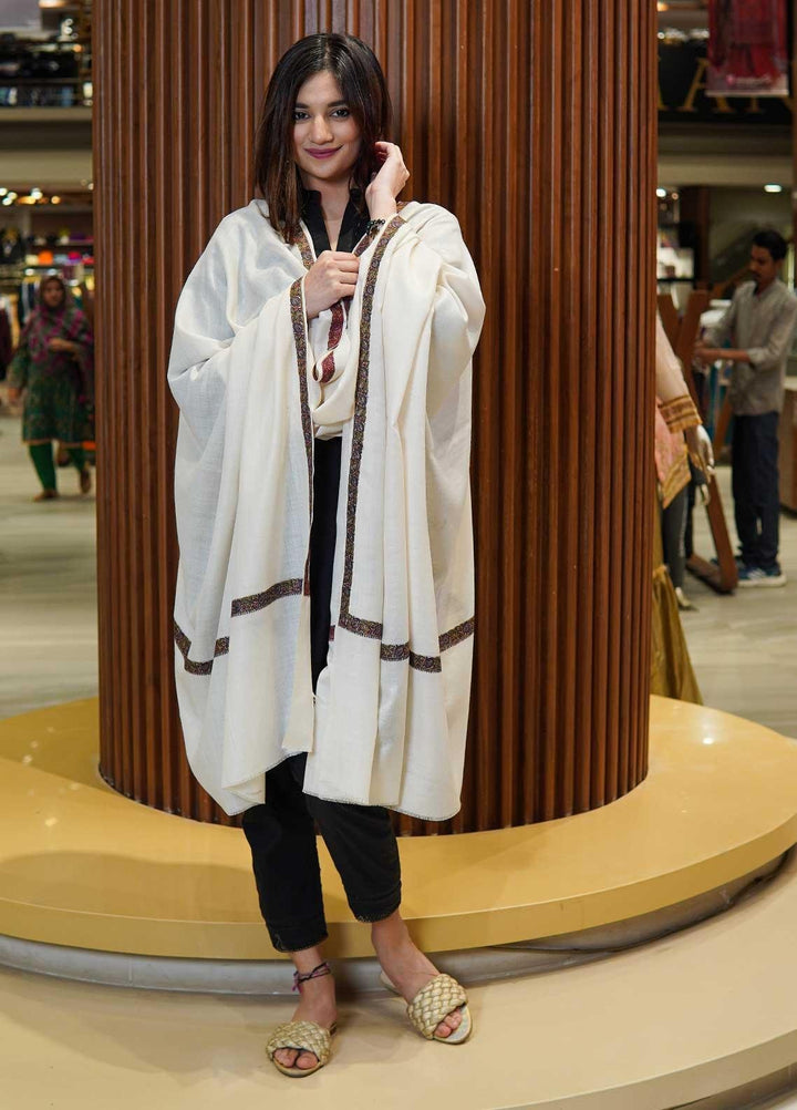 Sanaulla Exclusive Range  Pashmina  Shawls MAMA-19 Off White-1 - Pashmina Shawls