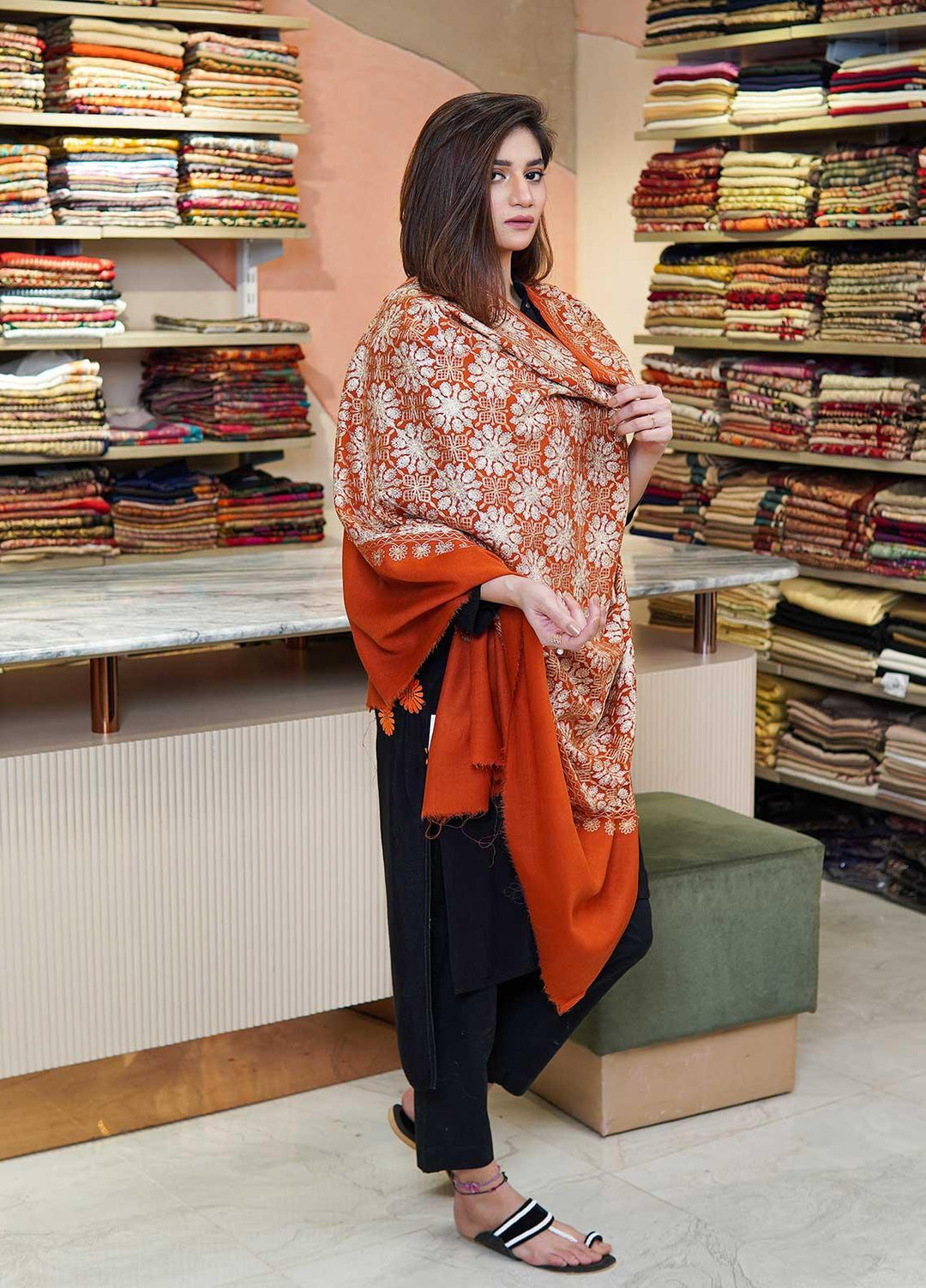 Sanaulla Exclusive Range  Pashmina  Shawls MAMA-38 Rust-2 - Pashmina Shawls