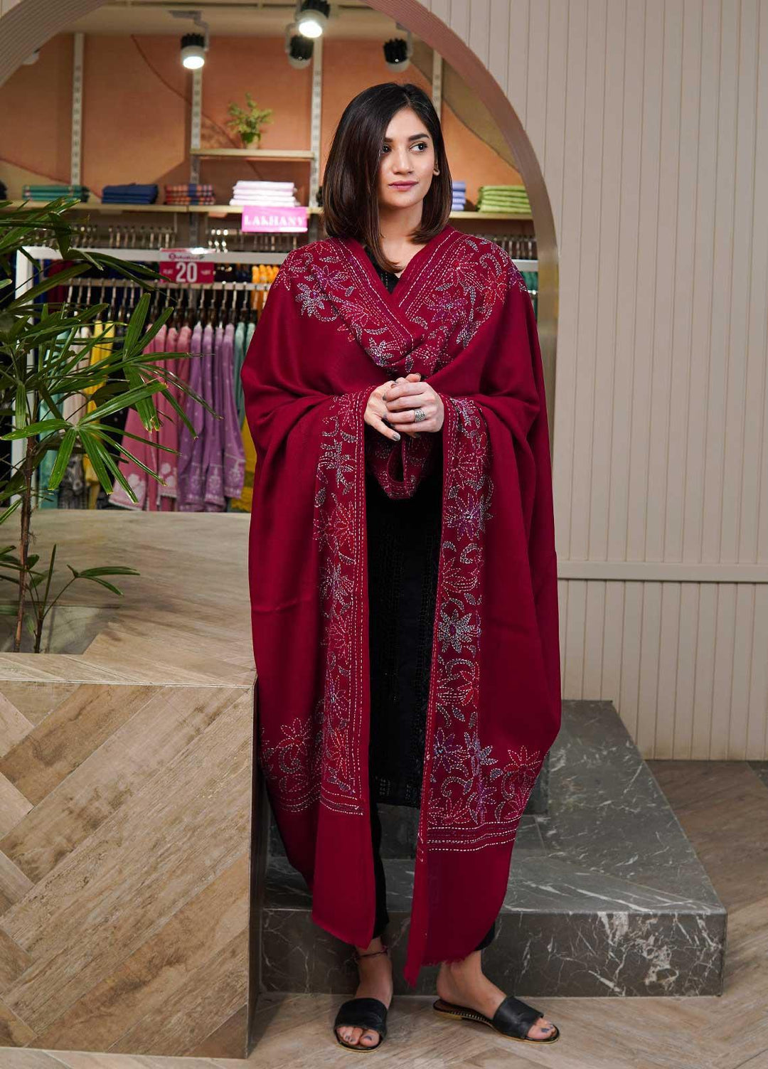 Sanaulla Exclusive Range  Pashmina  Shawls Shadow Emb Paala KPS-08 Yellow - Pashmina Shawls