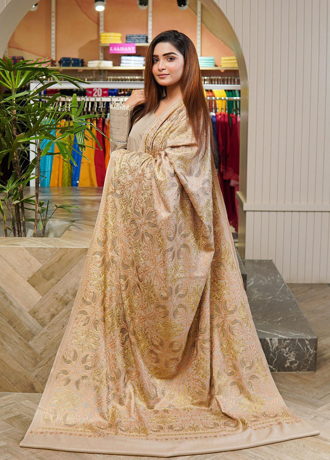 Sanaulla Exclusive Range  Pashmina  Shawls Siroski Flower Jaal Hw KPS-37 Fawn02 - Pashmina Shawls