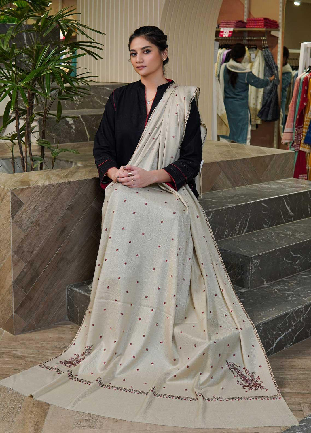 Sanaulla Exclusive Range  Pashmina  Shawls Star Buti KPS-05 fawn01 - Pashmina Shawls