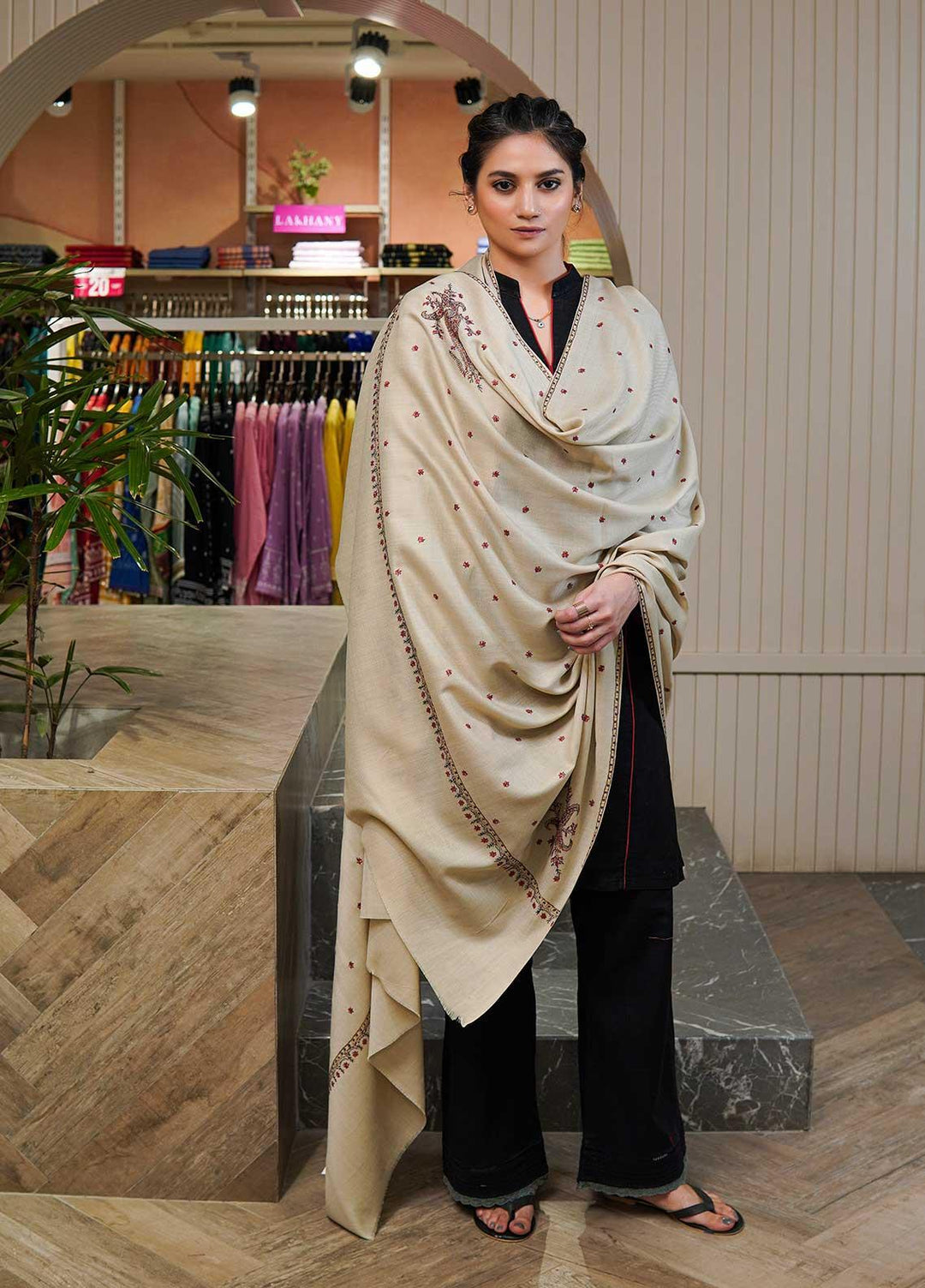 Sanaulla Exclusive Range  Pashmina  Shawls Star Buti KPS-05 fawn01 - Pashmina Shawls