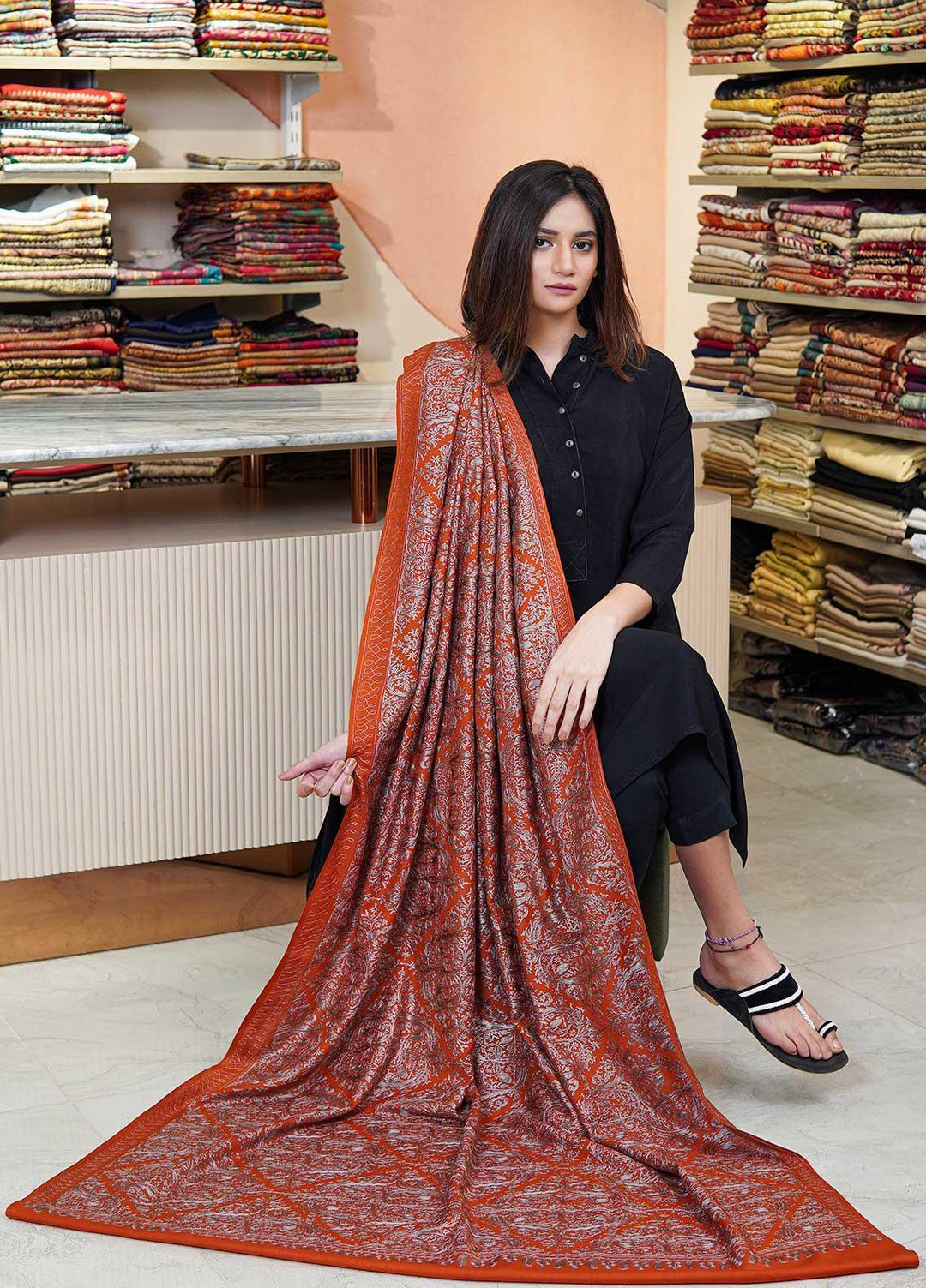 Sanaulla Exclusive Range  Pashmina  Shawls MAMA-38 Rust-3 - Pashmina Shawls