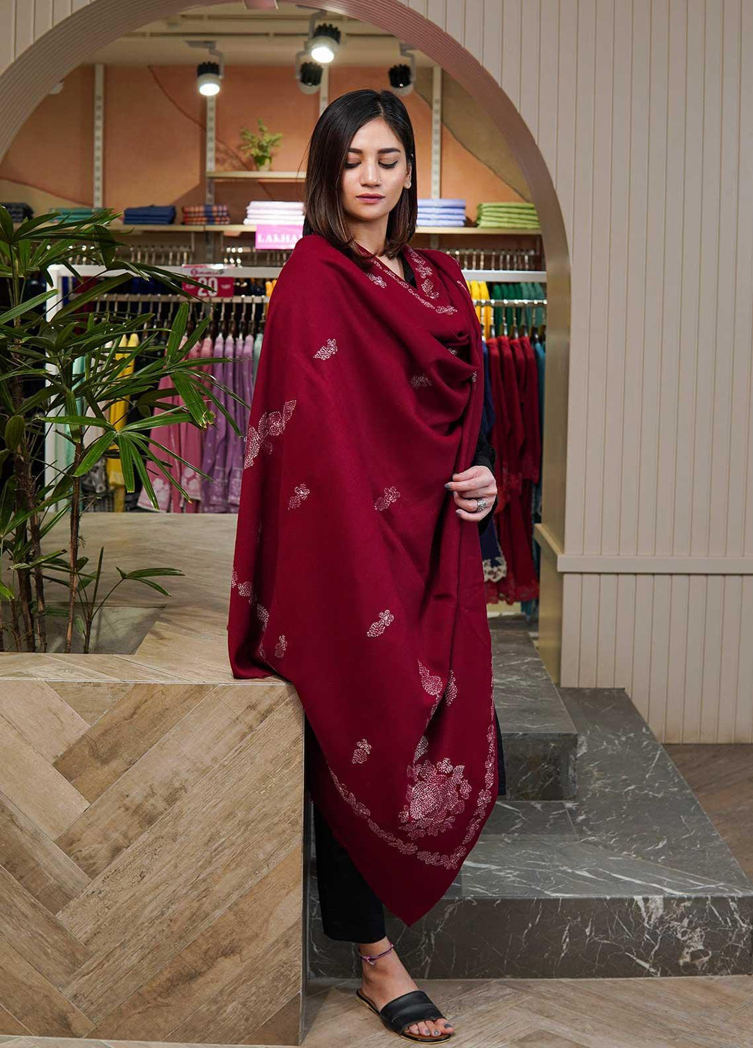 Sanaulla Exclusive Range  Pashmina  Shawls Shadow Emb Paala KPS-08 Brown - Pashmina Shawls