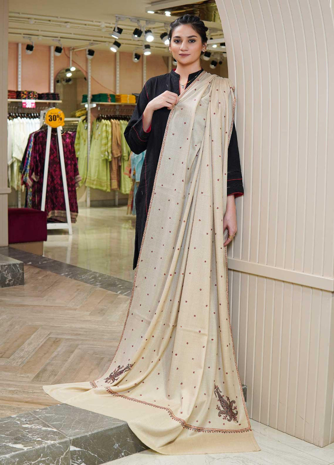 Sanaulla Exclusive Range  Pashmina  Shawls Star Buti KPS-05 fawn02 - Pashmina Shawls