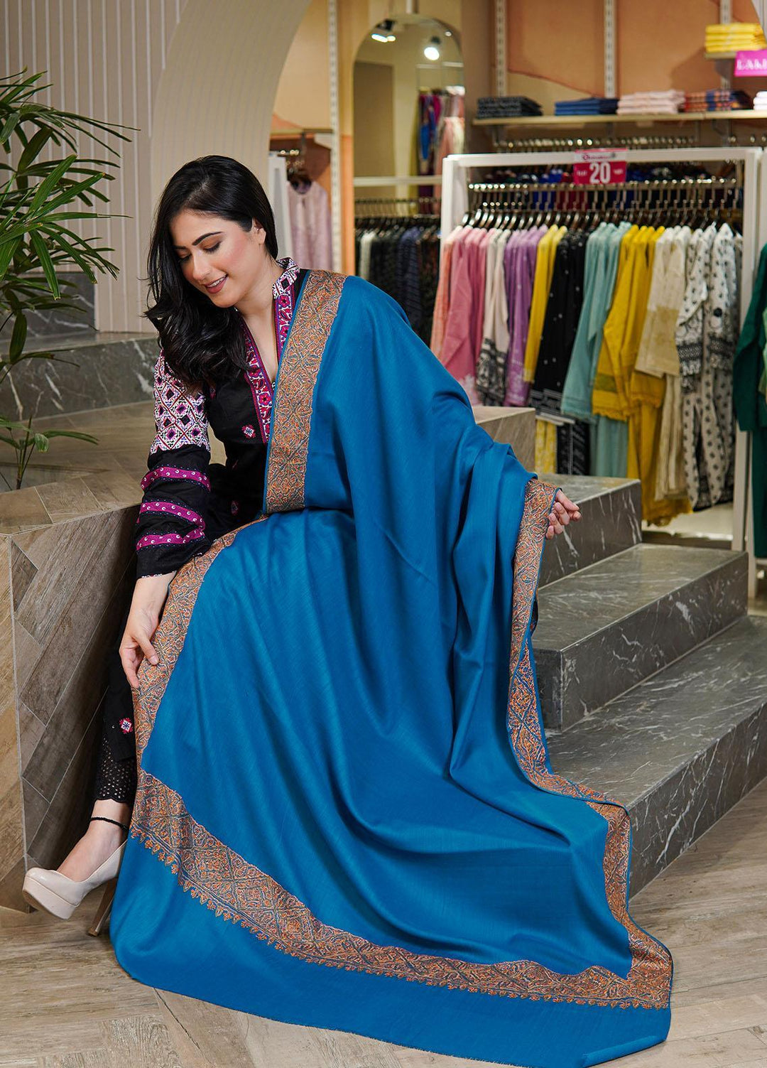 Sanaulla Exclusive Range  Pashmina  Shawls MAMA-20 Ferozi-1 - Pashmina Shawls