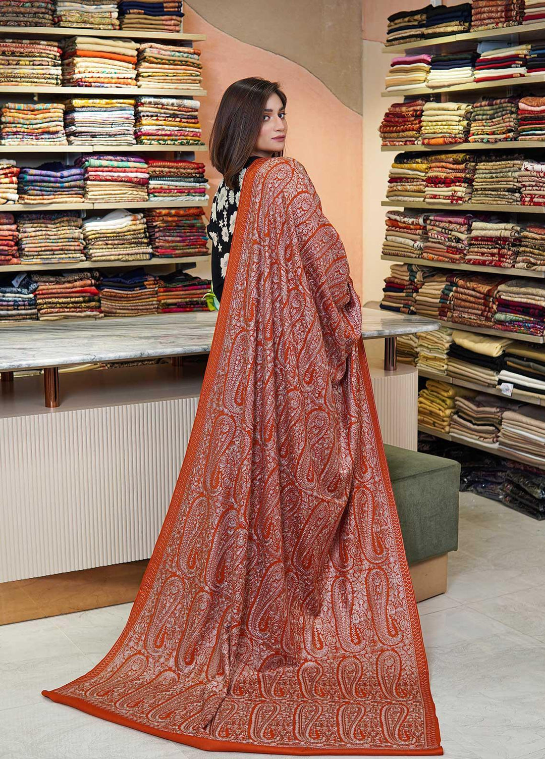 Sanaulla Exclusive Range  Pashmina  Shawls MAMA-38 Rust-4 - Pashmina Shawls