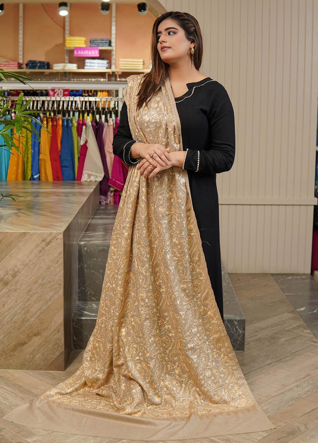 Sanaulla Exclusive Range  Pashmina  Shawls Mh Burfi Um Fine KPS-15 Brown-03  - Pashmina Shawls