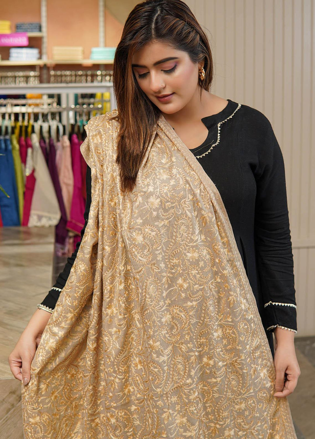 Sanaulla Exclusive Range  Pashmina  Shawls Mh Burfi Um Fine KPS-15 Brown-03  - Pashmina Shawls