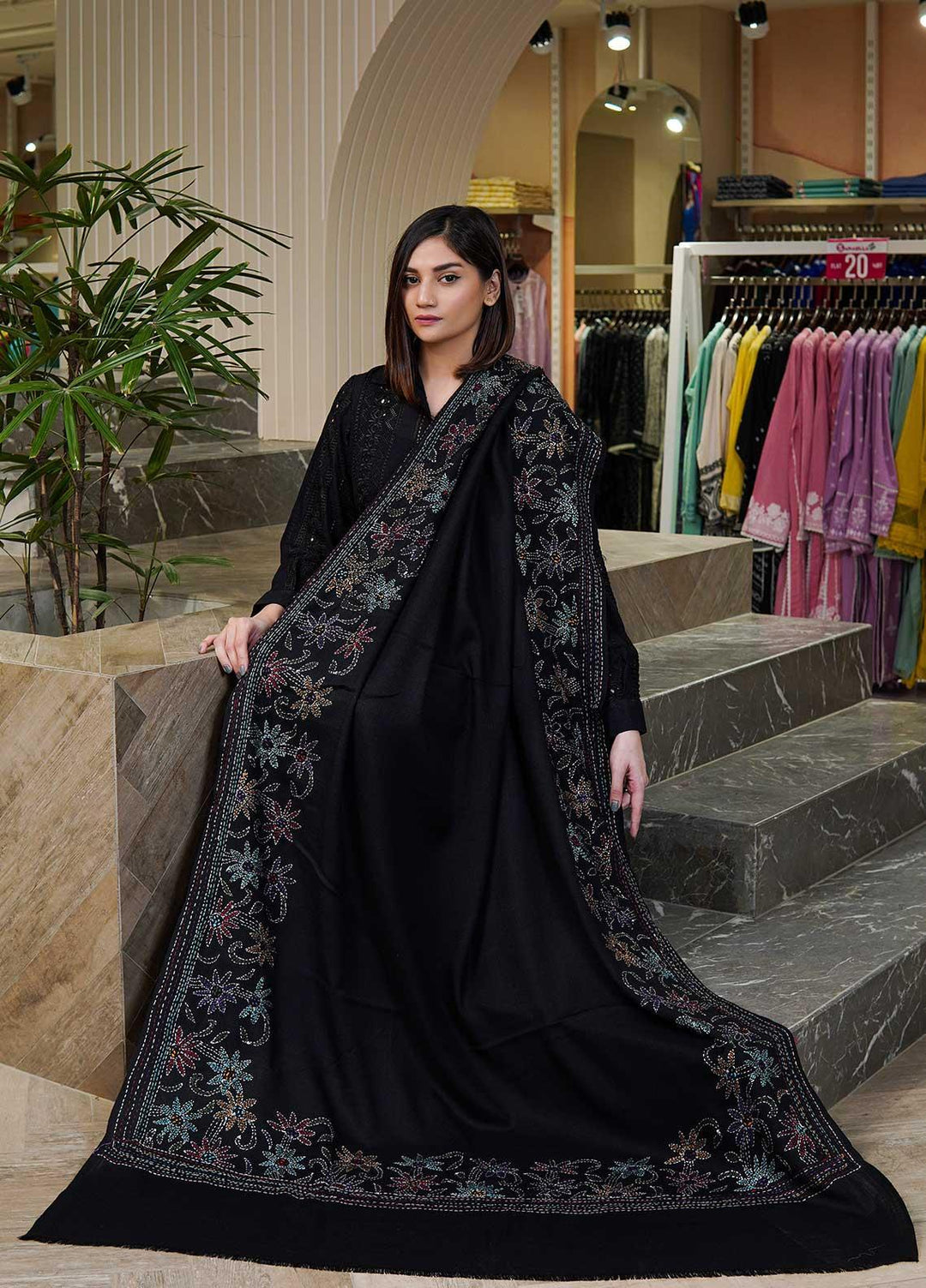 Sanaulla Exclusive Range  Pashmina  Shawls Shadow Emb Paala KPS-08 Dark Brown - Pashmina Shawls