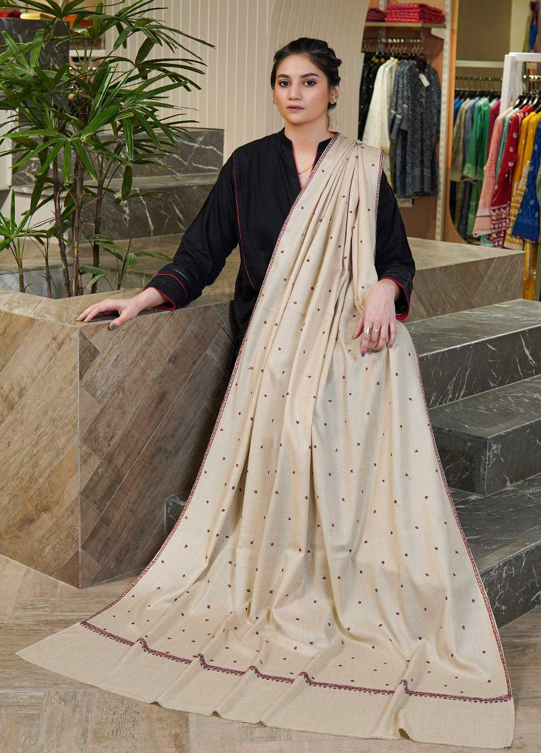 Sanaulla Exclusive Range  Pashmina  Shawls Star Buti KPS-05 fawn03 - Pashmina Shawls