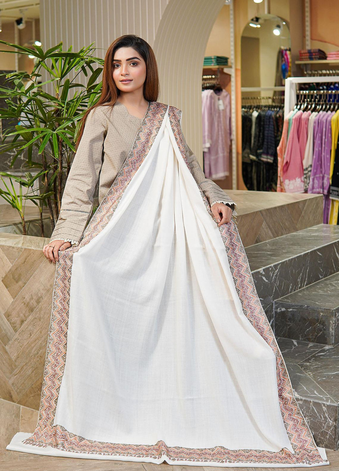 Sanaulla Exclusive Range  Pashmina  Shawls Zarri Nalki Dour New Hw KPS-38 White02 - Pashmina Shawls