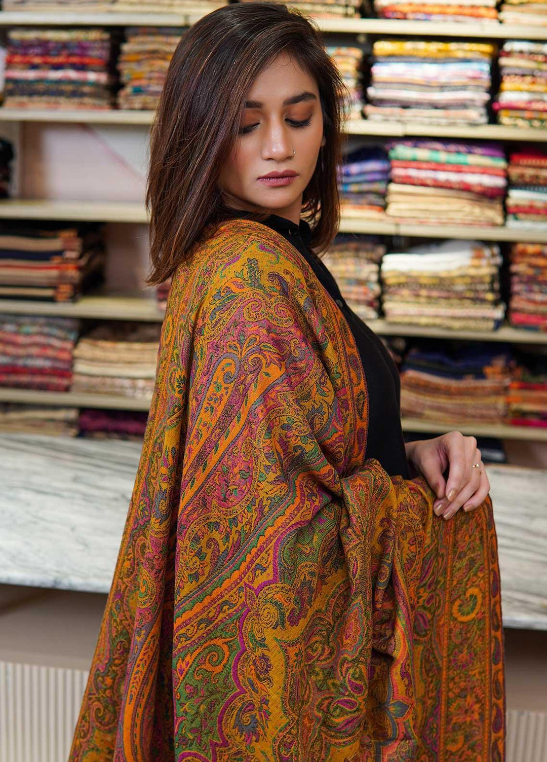 Sanaulla Exclusive Range  Pashmina  Shawls MAMA-42 Mustard-1 - Pashmina Shawls