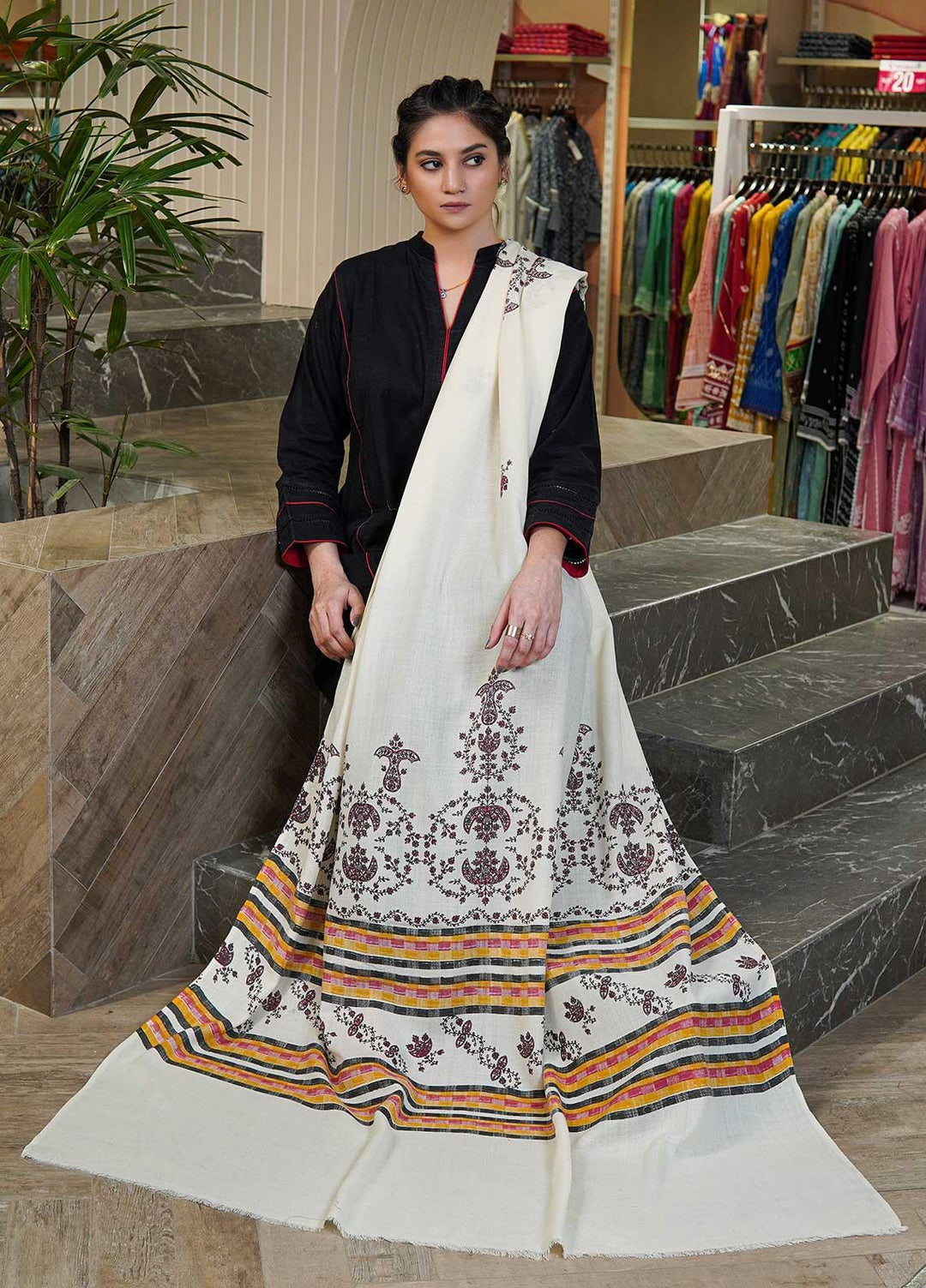 Sanaulla Exclusive Range  Pashmina  Shawls Multi Palla Emb C KPS-40 Off White02 - Pashmina Shawls