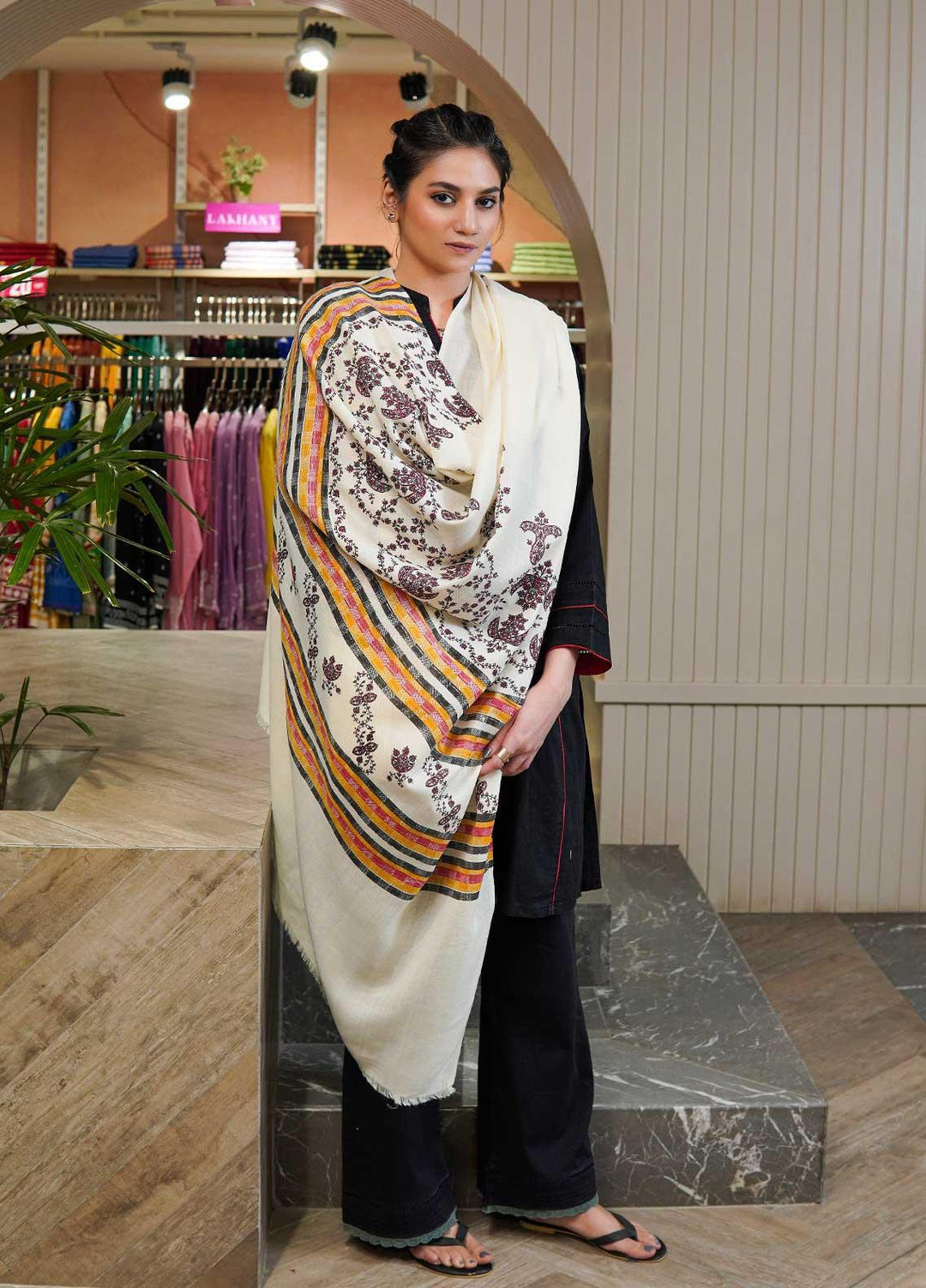 Sanaulla Exclusive Range  Pashmina  Shawls Multi Palla Emb C KPS-40 Off White02 - Pashmina Shawls