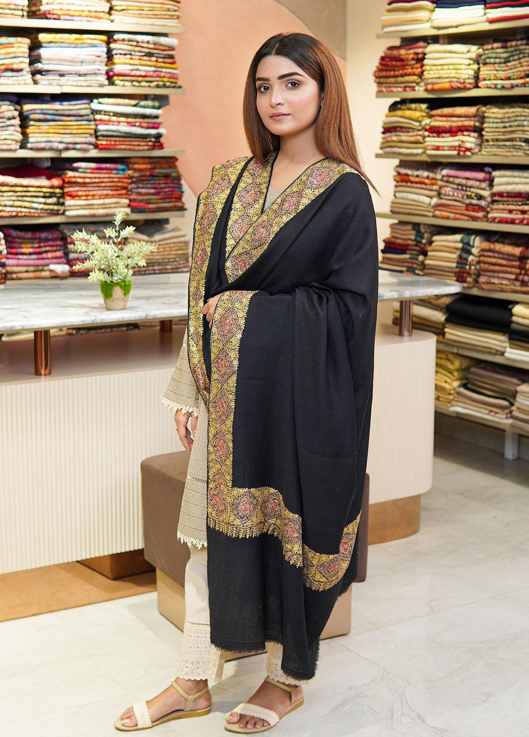 Sanaulla Exclusive Range  Pashmina  Shawls Zarri Nalki Dour New Hw KPS-38 Black01 - Pashmina Shawls