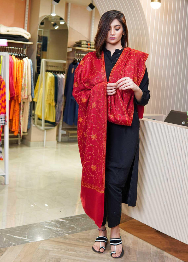 Sanaulla Exclusive Range  Pashmina  Shawls MAMA-17 Red-3 - Pashmina Shawls