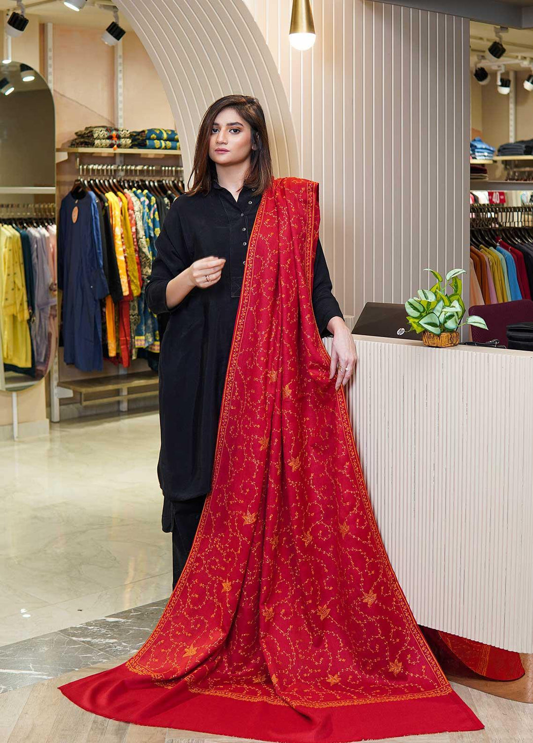 Sanaulla Exclusive Range  Pashmina  Shawls MAMA-17 Red-3 - Pashmina Shawls