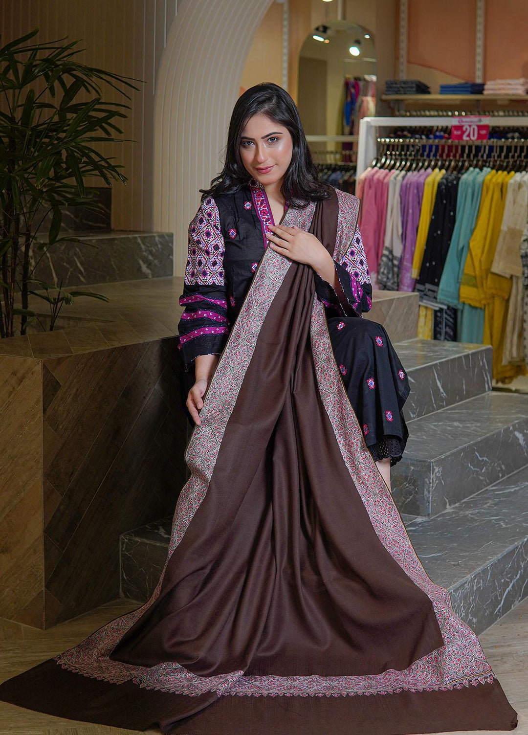 Sanaulla Exclusive Range  Pashmina  Shawls MAMA-20 D.Brown - Pashmina Shawls