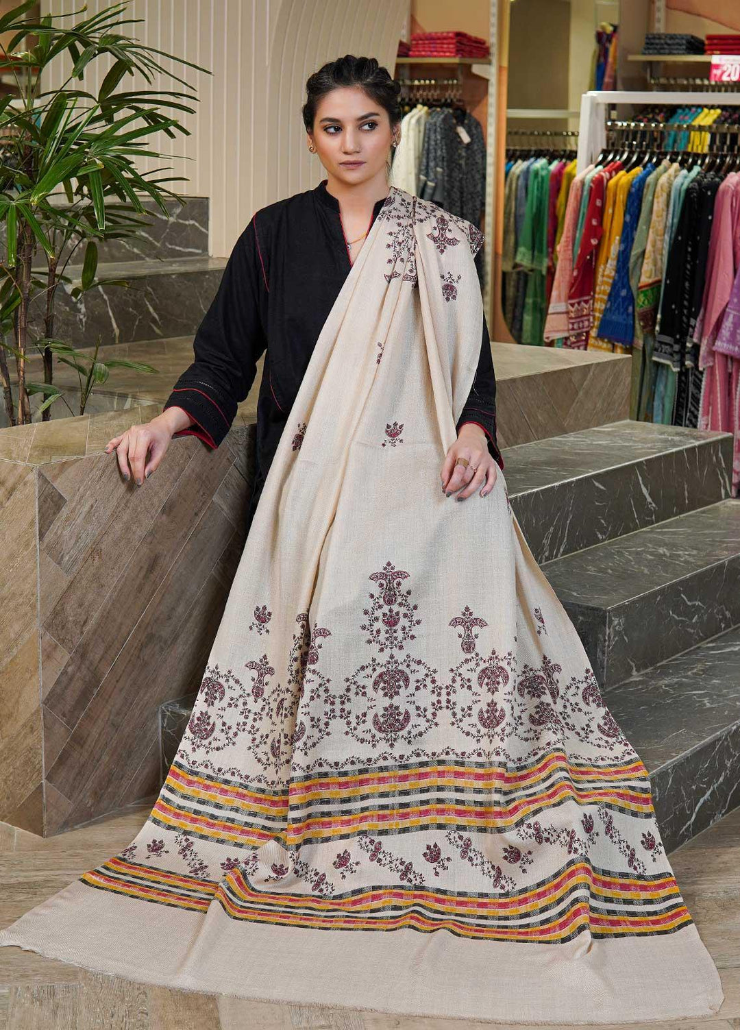 Sanaulla Exclusive Range  Pashmina  Shawls Multi Palla Emb C KPS-40 Fawn - Pashmina Shawls