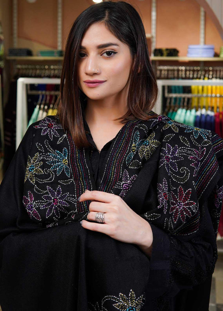 Sanaulla Exclusive Range  Pashmina  Shawls Shadow Emb Paala KPS-08 Dark Black-02 - Pashmina Shawls
