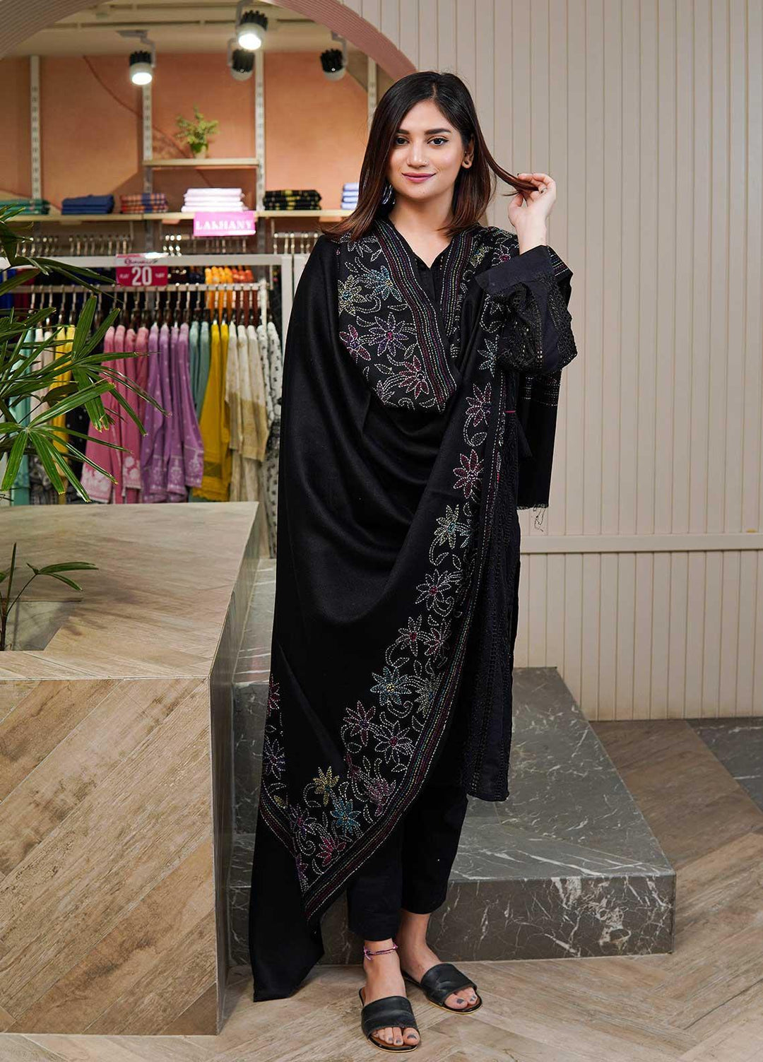 Sanaulla Exclusive Range  Pashmina  Shawls Shadow Emb Paala KPS-08 Dark Black-02 - Pashmina Shawls