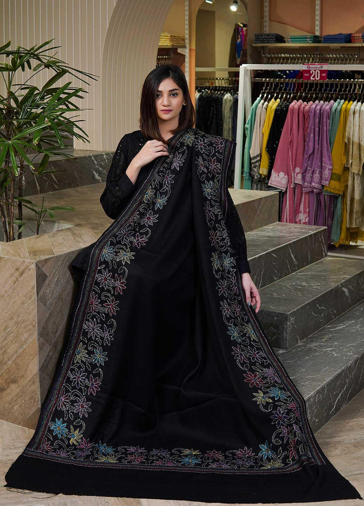 Sanaulla Exclusive Range  Pashmina  Shawls Shadow Emb Paala KPS-08 Dark Black-02 - Pashmina Shawls
