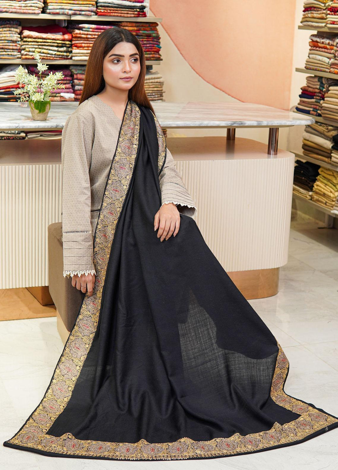 Sanaulla Exclusive Range  Pashmina  Shawls Zarri Nalki Dour New Hw KPS-38 Black02 - Pashmina Shawls