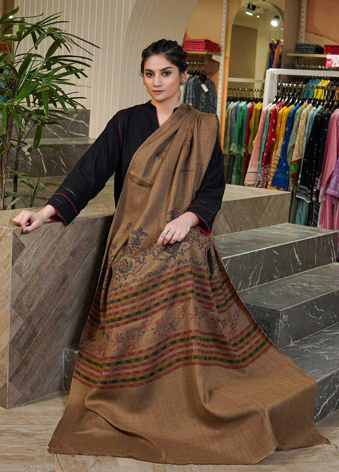 Sanaulla Exclusive Range  Pashmina  Shawls Multi Palla Emb C KPS-40 Brown04 - Pashmina Shawls