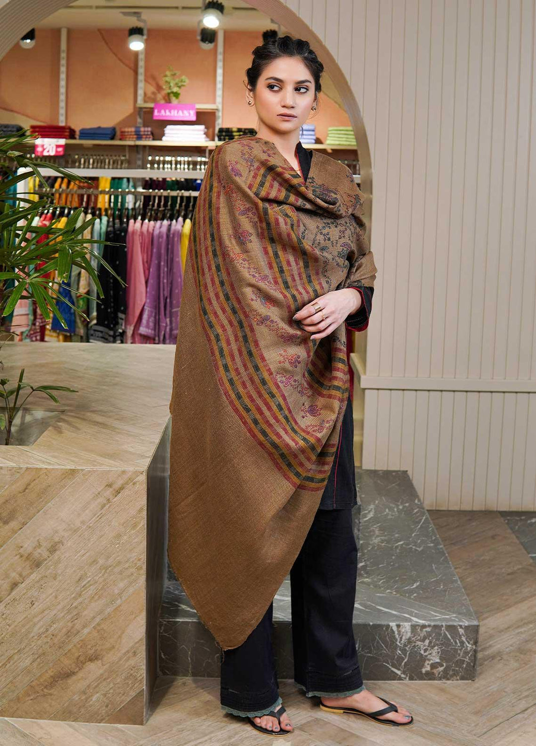 Sanaulla Exclusive Range  Pashmina  Shawls Multi Palla Emb C KPS-40 Brown04 - Pashmina Shawls