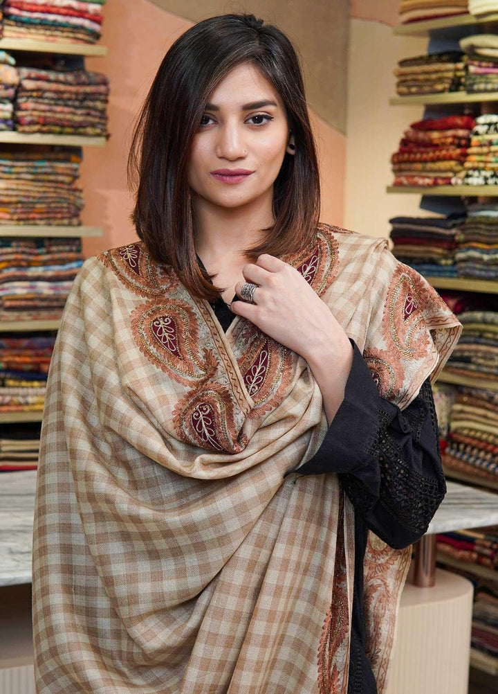 Sanaulla Exclusive Range  Pashmina  Shawls Siroski Pasily Ad KPS-30 Fawn02 - Pashmina Shawls