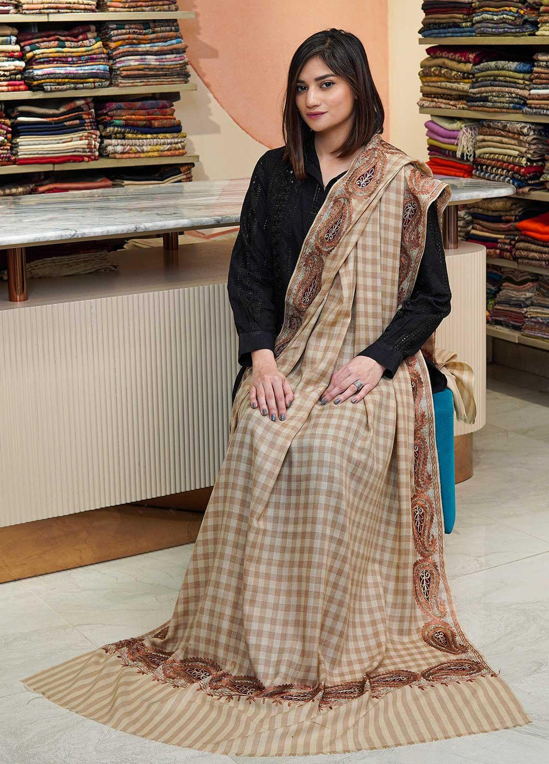 Sanaulla Exclusive Range  Pashmina  Shawls Siroski Pasily Ad KPS-30 Fawn02 - Pashmina Shawls