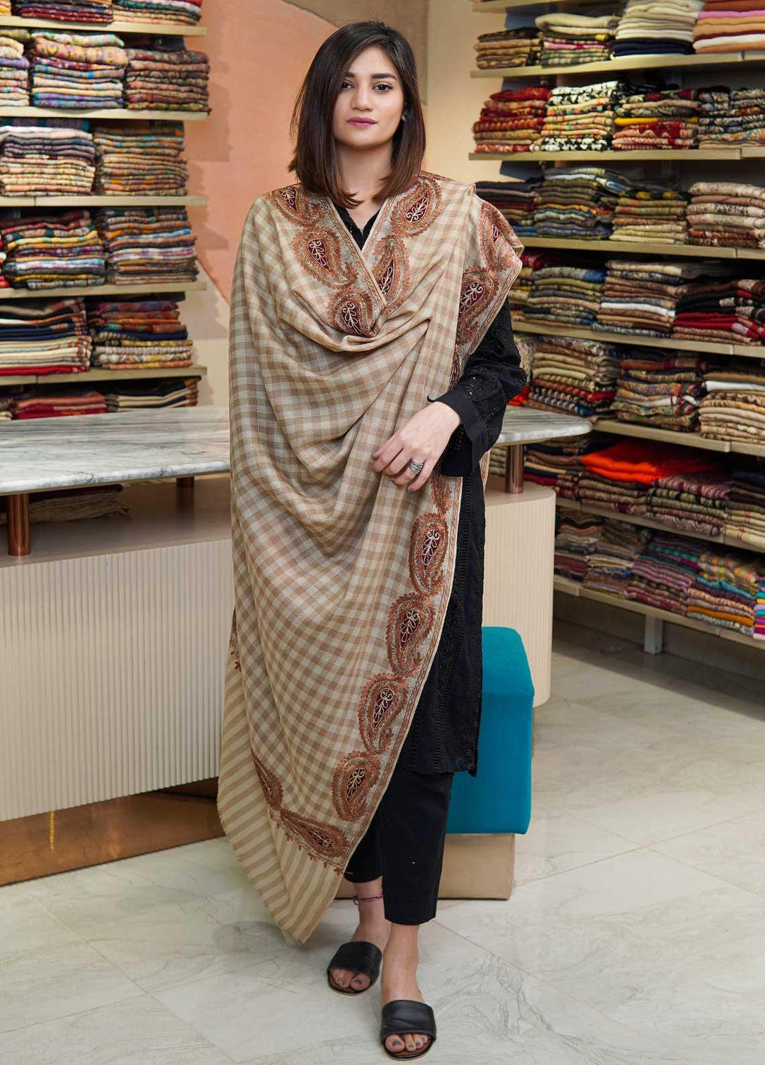 Sanaulla Exclusive Range  Pashmina  Shawls Siroski Pasily Ad KPS-30 Fawn02 - Pashmina Shawls