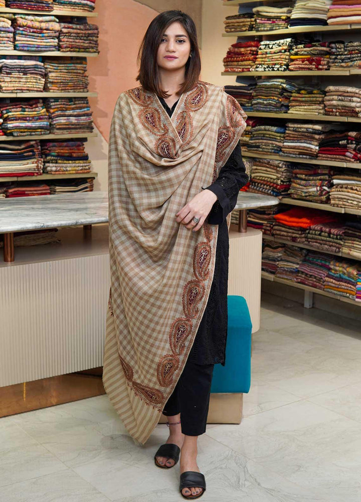Sanaulla Exclusive Range  Pashmina  Shawls Siroski Pasily Ad KPS-30 Fawn02 - Pashmina Shawls