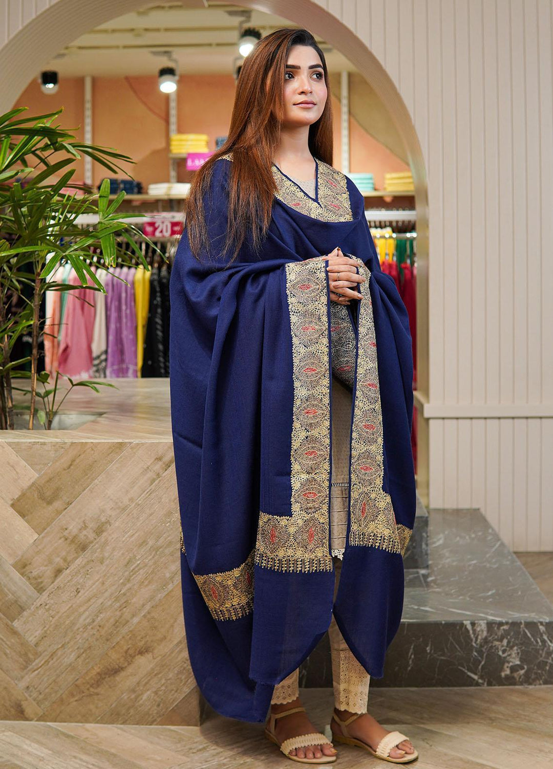 Sanaulla Exclusive Range  Pashmina  Shawls Zarri Nalki Dour New Hw KPS-38 Blue - Pashmina Shawls