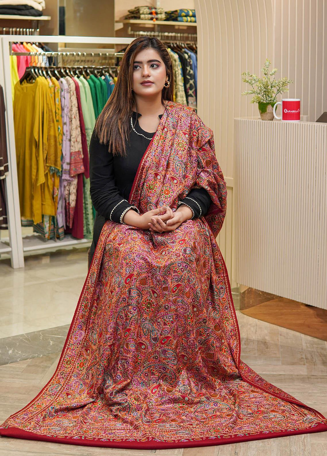 Sanaulla Exclusive Range  Pashmina  Shawls MAMA-05 Red      - Pashmina Shawls