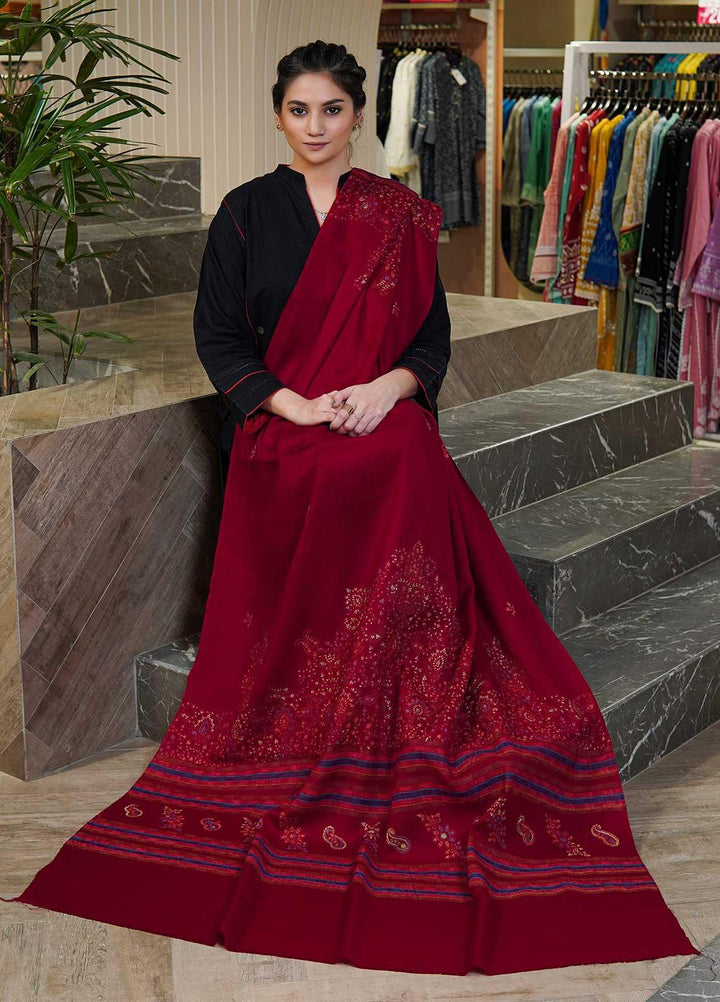 Sanaulla Exclusive Range  Pashmina  Shawls Multi Palla Emb C KPS-40 Red - Pashmina Shawls